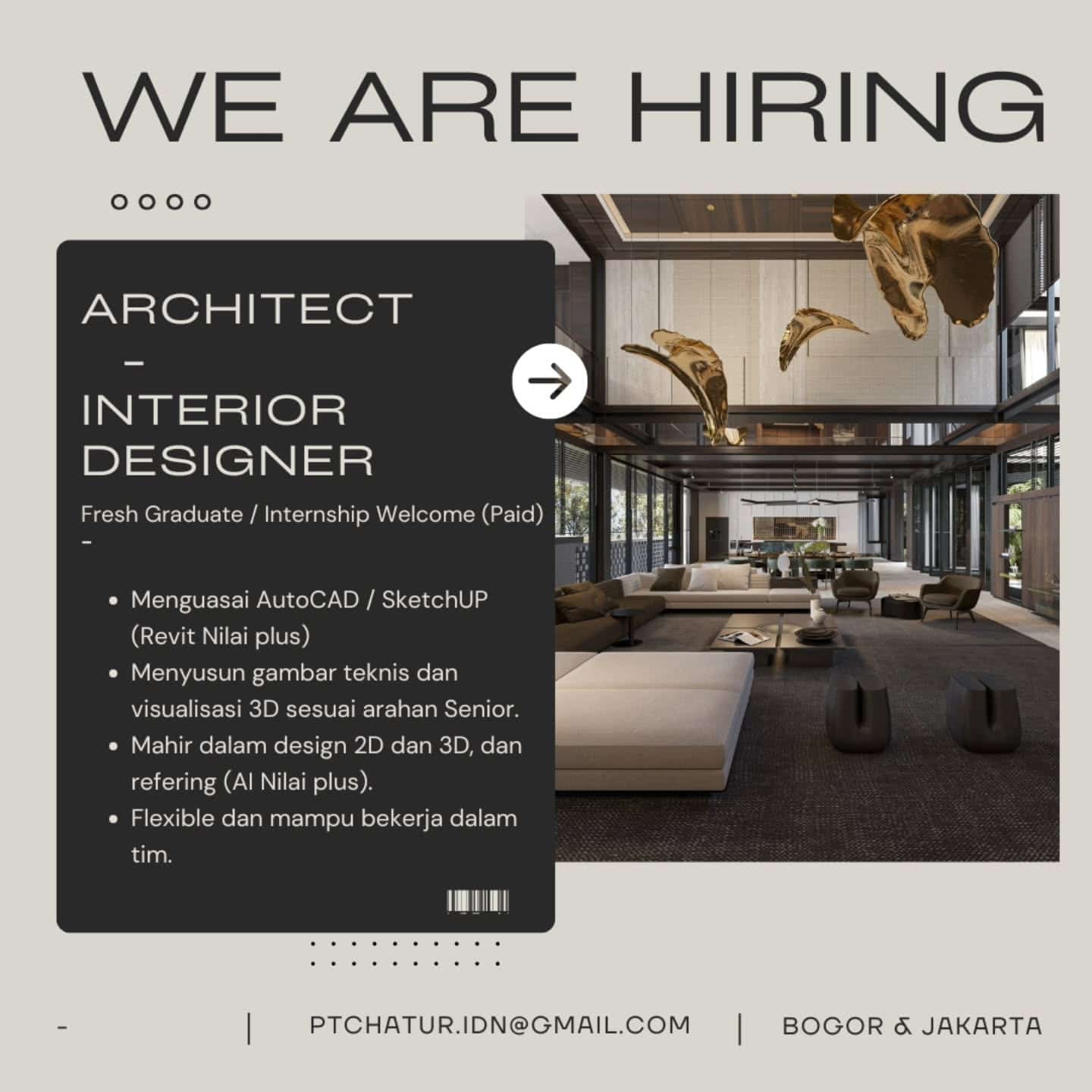 Poster Lowongan Kerja Architect & Interior Designer di PT Chatur IDN - Bogor & Jakarta (Paid Internship/Fresh Graduate)